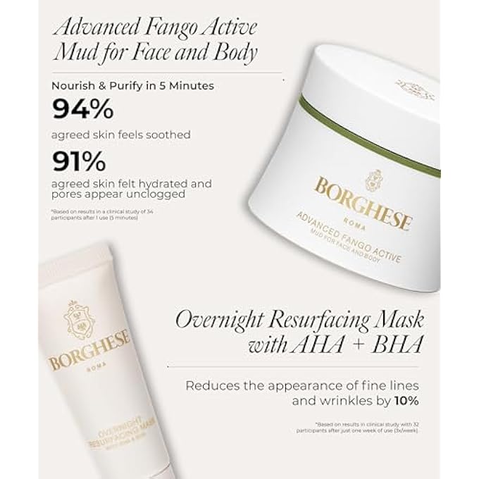 Borghese مجموعة اكتشاف تجديد البشرة - تشمل كريم تنظيف، سيروم معزز قبل القناع، قناع طيني للوجه والجسم، AHA BHA لشد البشرة ليلاً - Image 2